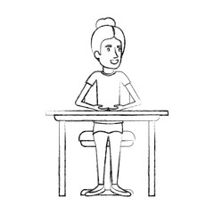 blurred silhouette of woman with collected hair and sitting in chair in desktop vector illustration