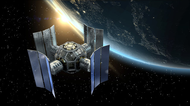 3D Illustration of a space station satellite flying over Earth with reflective solar panels and an interchangeable modular structure.