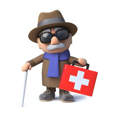 3d Cartoon blind man character comes to the rescue with a first aid kit