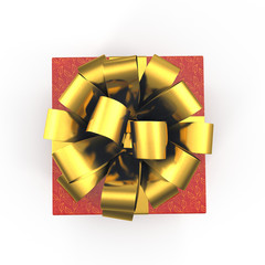 Red gift box with golden ribbon on white. Top view. 3D illustration, clipping path