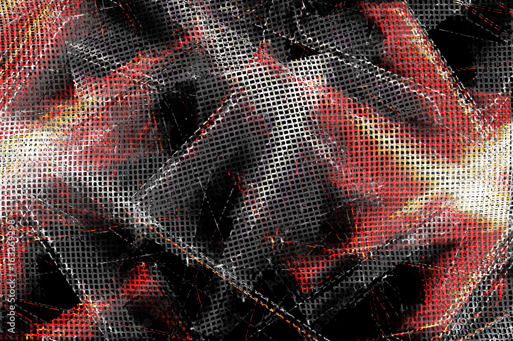 Poster grungy abstract of flashes of light with mesh design in red and white on black