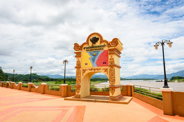 Signs showing the Golden Triangle area three countries along the Mekong river in Chiang Saen, Chiang Rai the drug-producing area in history.