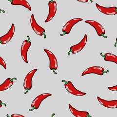 Seamless pattern with red chili on pastel grey background. Hand drawn vector illustration.