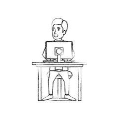 blurred silhouette of man with formal suit and side parted hair and sitting in chair in desk with computer vector illustration