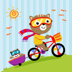 cute animals go to school with bicycle. vector illustration