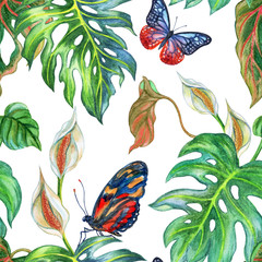 Seamless watercolor pattern of tropical plants monstera and butterflies.