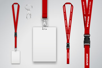 Set of lanyard and badge. Template for presentation of their design. Realistic vector illustration. - obrazy, fototapety, plakaty