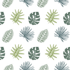 Seamless pattern with hand drawn tropical leaves