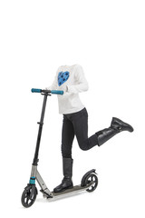 Empty clothes. Little girl with withe shirt and black pants in a scooter.