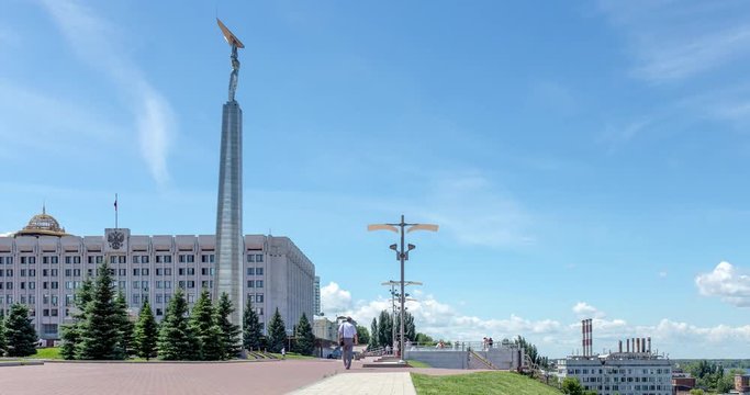 Samara square of Glory in Samara, on the Volga river in Russia in Sunny summer day, time lapse