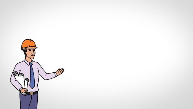 Animated Character Builder or Architect stands in the foreground and says, smooth contour, white background