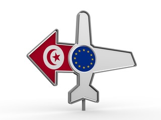 Emblem design for airlines, airplane tickets, travel agencies. Airplane icon and destination arrow. Flags of the European Union and Tunisia. 3D rendering
