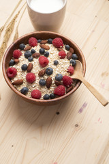Healthy breakfast ingredients on wood table, Healthy food concept