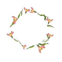 Pink spring flowers wreath for greeting card or wedding invitation. Hand drawn watercolor illustration.