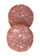 Salami slices isolated on white background