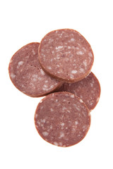 Salami slices isolated on white background