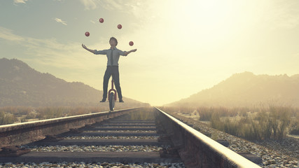 Juggler is balancing on railroad - obrazy, fototapety, plakaty