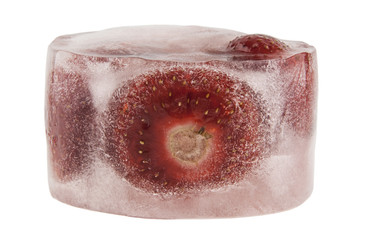 Strawberry in ice cube isolated on white background