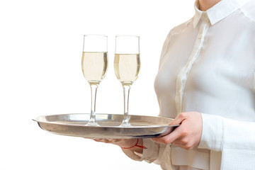 close-up portrait of a tray with two glasses of champagne