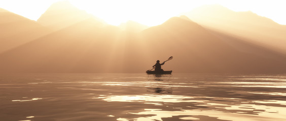 Landscape orientation, single kayaker on a lake