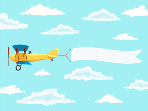 Airplane with pilot and advertising banner in the cloudy sky