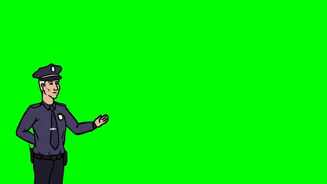 Animated Character Policeman or Cop stands in the foreground and says, curve contour, green screen