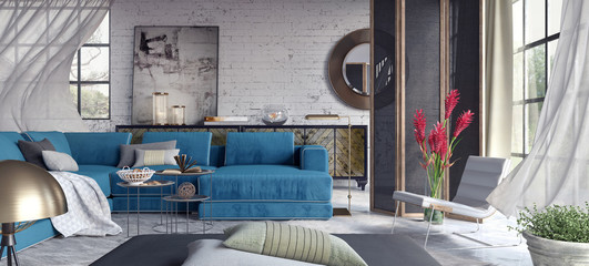 Living room, interior design 3D Rendering
