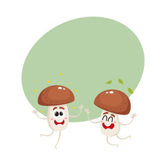 Two funny porcini mushroom characters jumping from happiness, cartoon vector illustration with space for text. Couple of happy, excited porcini mushroom characters jumping, throwing leaves