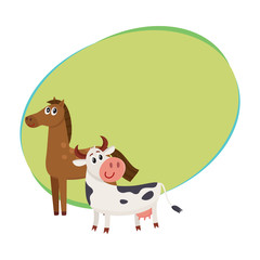 Brown horse, black and white cow with big eyes, side view cartoon vector illustration with space for text. Cute and funny farm horse and cow with friendly face and big eyes