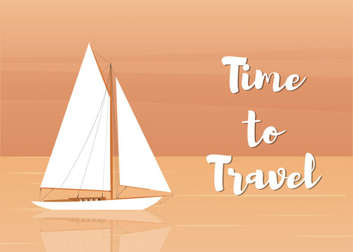 Sailboat in the open sea. Time to travel. Vector illustration in flat style