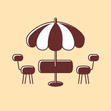 Umbrella with table and two chairs, outdoor fast food cafe or restaurant icon.