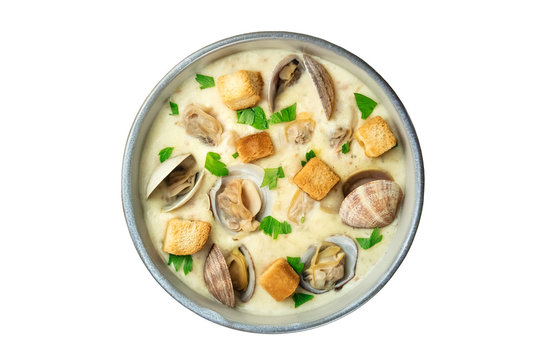 Bowl of clam chowder soup, overhead shot, isolated