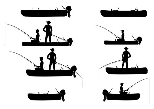 Silhouettes of inflatable boats with anglers. Side view. Flat vector.