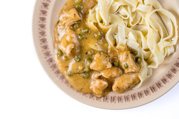 Flat lay chicken breasts with sauce and pasta.