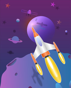 Space rocket flying  in the universe cute  art vector paper art  illustration