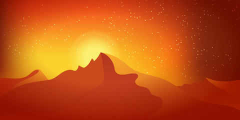 Starry sunset sky. Dawn sun over the sand dunes. Vector illustration nature a desert landscape