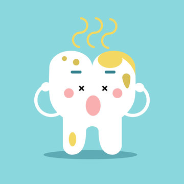 Cute cartoon tooth character with remnants of food, dental vector Illustration for kids