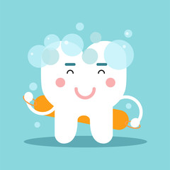Cute cartoon tooth character washing himself, dental vector Illustration for kids