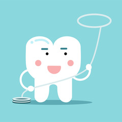 Happy healthy cartoon tooth character with flossing, dental vector Illustration for kids