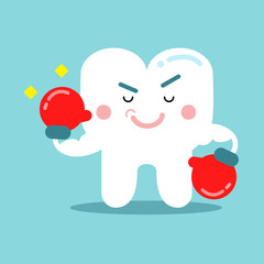 Cute cartoon tooth character in red boxing gloves, dental vector Illustration for kids