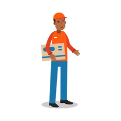 Smiling delivery man standing and holding big envelope, courier in uniform at work cartoon character vector Illustration