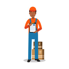 Delivery service worker delivering boxes and documents, courier in uniform at work cartoon character vector Illustration