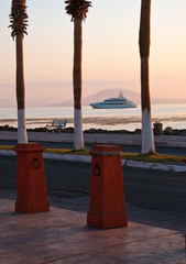  Silhouette of a luxurious yacht on the sea of cortez at sunset