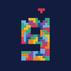 Logo number "9", video game pixel style. Editable vector design. 