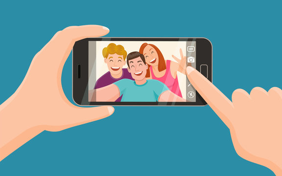 Group of three friends taking a photo with a smartphone. Taking a selfie. Friendship concept. Vector illustration.