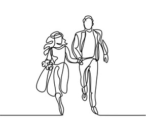 Happy running couple. Continuous line drawing. Vector illustration on white background