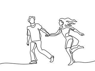 Happy running couple. Continuous line drawing. Vector illustration on white background