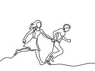 Happy running couple. Continuous line drawing. Vector illustration on white background