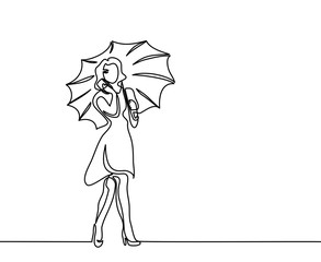 Happy woman talking by phone with umbrella. Continuous line drawing. Vector illustration.
