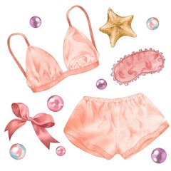 Set of silk underwear with bowknot and pearls. Watercolor handmade drawing. Isolated on white.